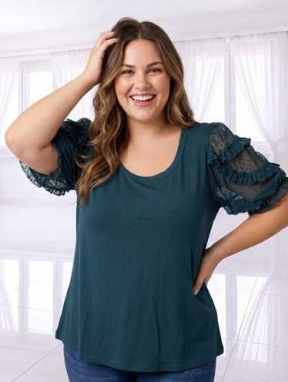 Anthropologie Green Lace Sleeve Top Size 2X